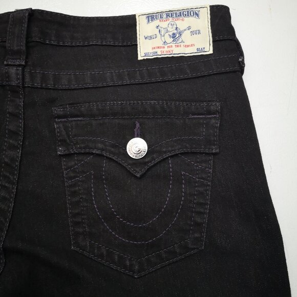 True Religion Ladies Size 31 Black World Tour Skinny Jeans w/ Purple Stitching - Picture 9 of 13
